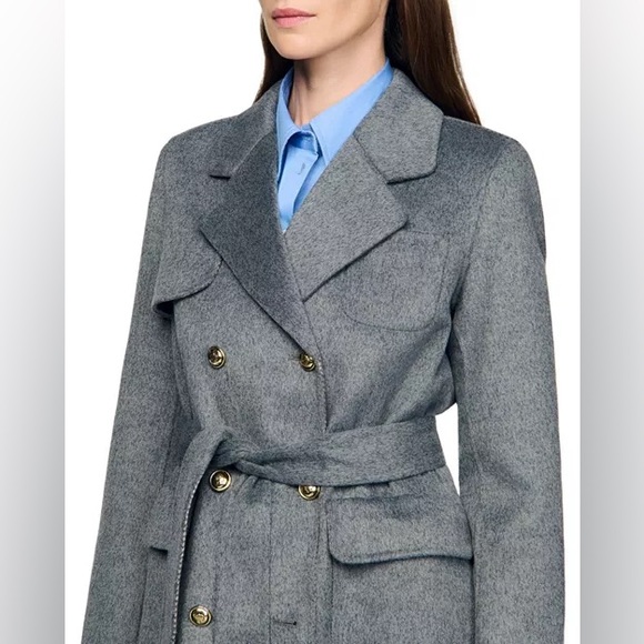 Sandro Wool Gray Double Faced Check Belted Trench Coat US4/FR36 - Picture 5 of 17